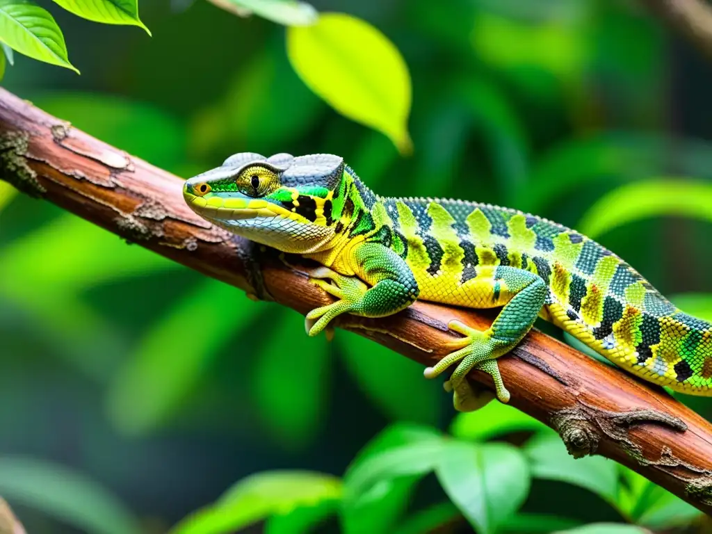 Imagen detallada del hábitat de una selva tropical, con reptiles camuflados entre la exuberante vegetación