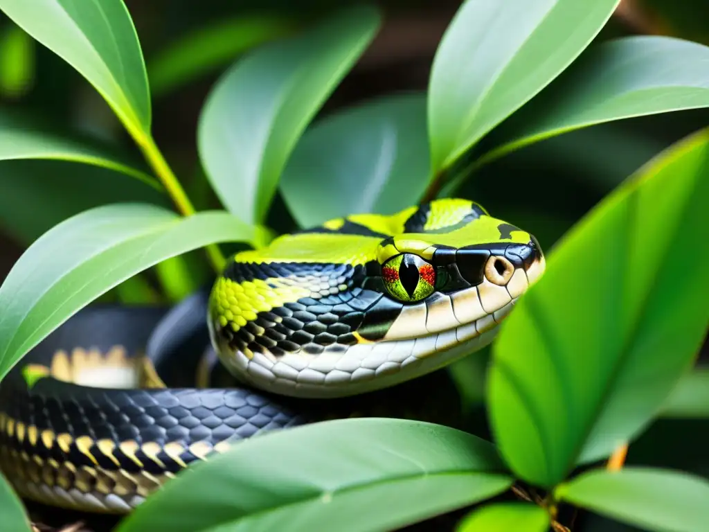 Imagen detallada de serpiente camuflada entre follaje verde