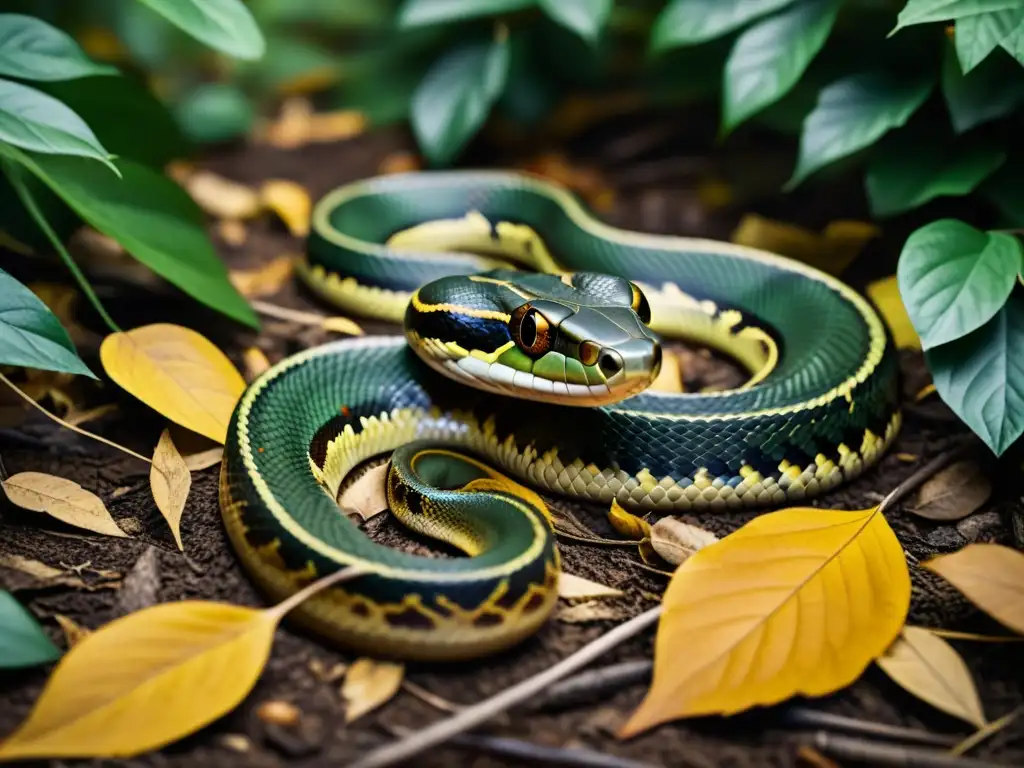 Imagen detallada de serpiente camuflada entre hojas en el suelo del bosque, ilustrando estrategias defensivas en reptiles