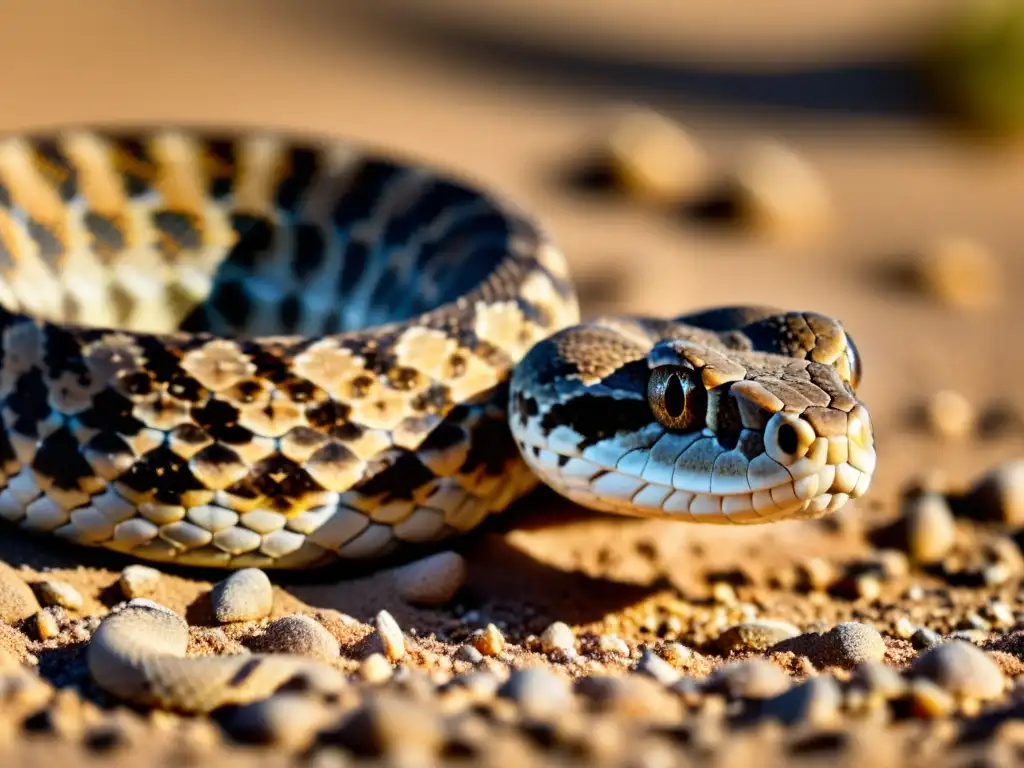 Imagen detallada de una serpiente de cascabel en el desierto, mostrando sus estrategias de supervivencia y caza