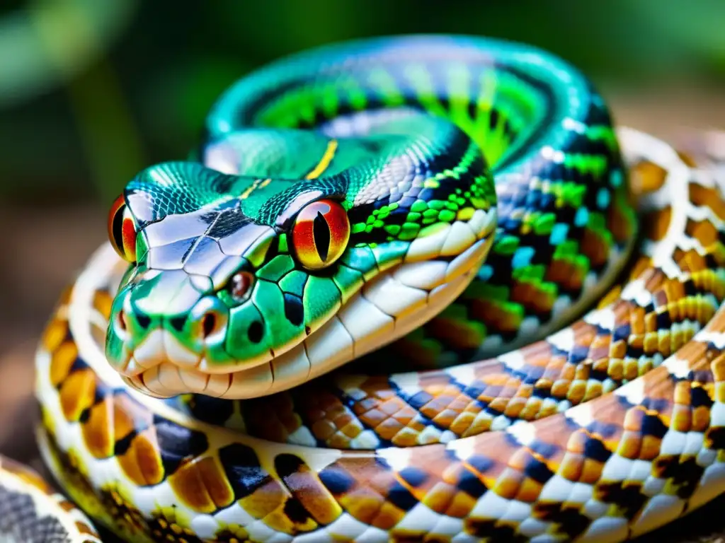 Imagen detallada de una serpiente enroscada, con escamas vibrantes y curiosidad cautelosa hacia la cámara