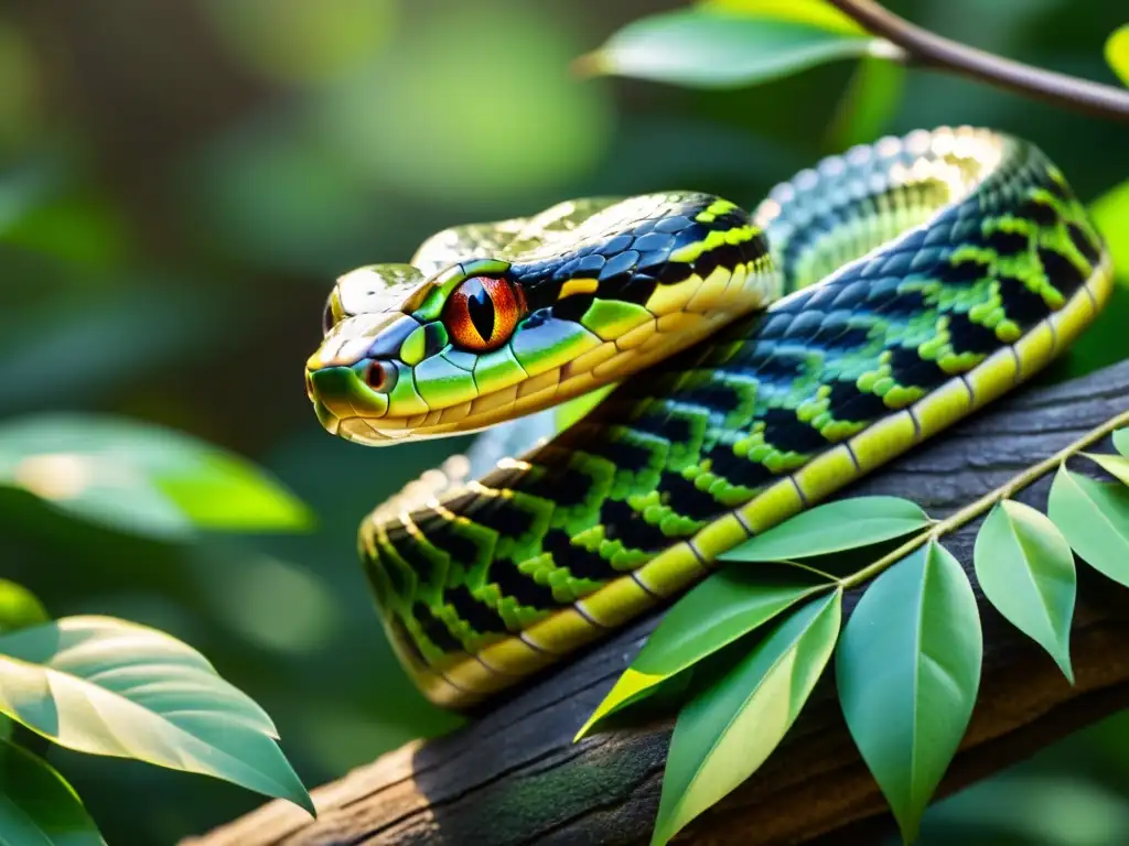 Imagen detallada de una serpiente enroscada en una rama en un bosque exuberante