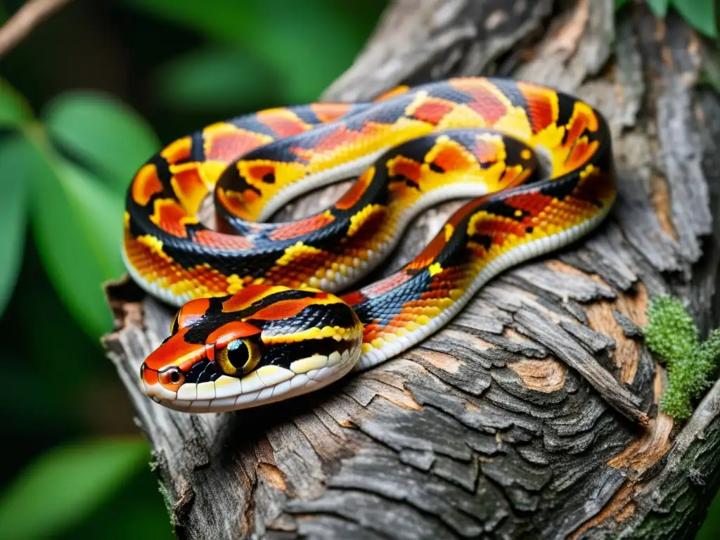 Una imagen detallada de una serpiente de maíz en su hábitat, mostrando su adaptabilidad a través de sus patrones de escamas y colores