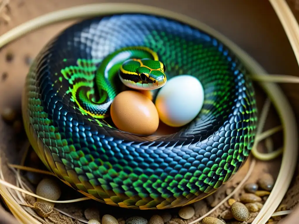 Imagen detallada de una serpiente protegiendo sus huevos en cautiverio, resaltando la reproducción y conservación de especies