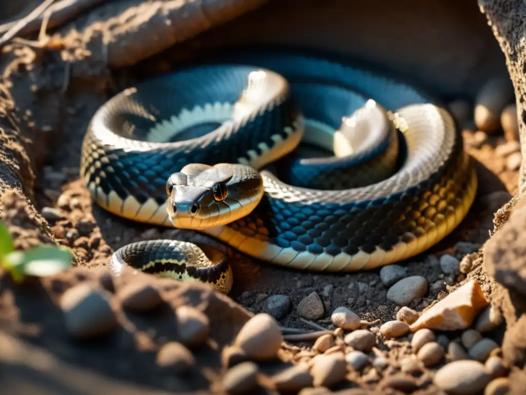 Imagen detallada de una serpiente hibernando en su madriguera, con escamas y textura de la cueva