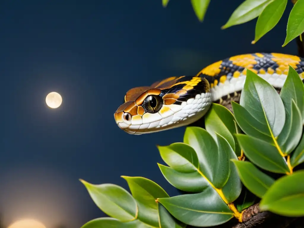 Imagen detallada de una serpiente nocturna acechando su presa en la oscuridad, destacando las estrategias de caza nocturna de los reptiles