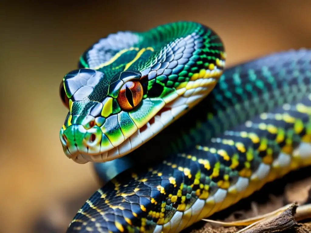 Imagen detallada de serpiente mudando piel, con enfoque intenso en sus ojos y patrones de escamas