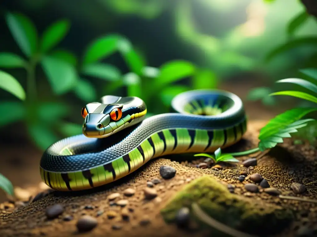 Imagen detallada de una serpiente robótica en movimiento, fusionando la robótica con la herpetología para locomoción en un entorno natural