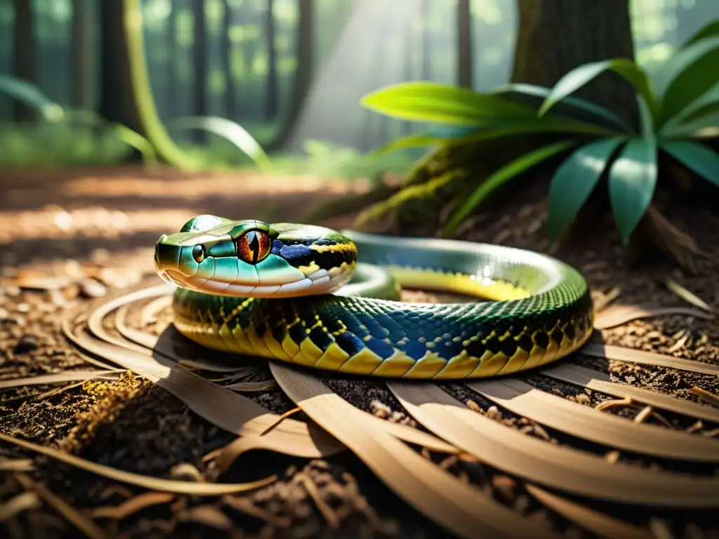 Imagen detallada de una serpiente deslizándose por el suelo del bosque, con la luz solar filtrándose entre los árboles