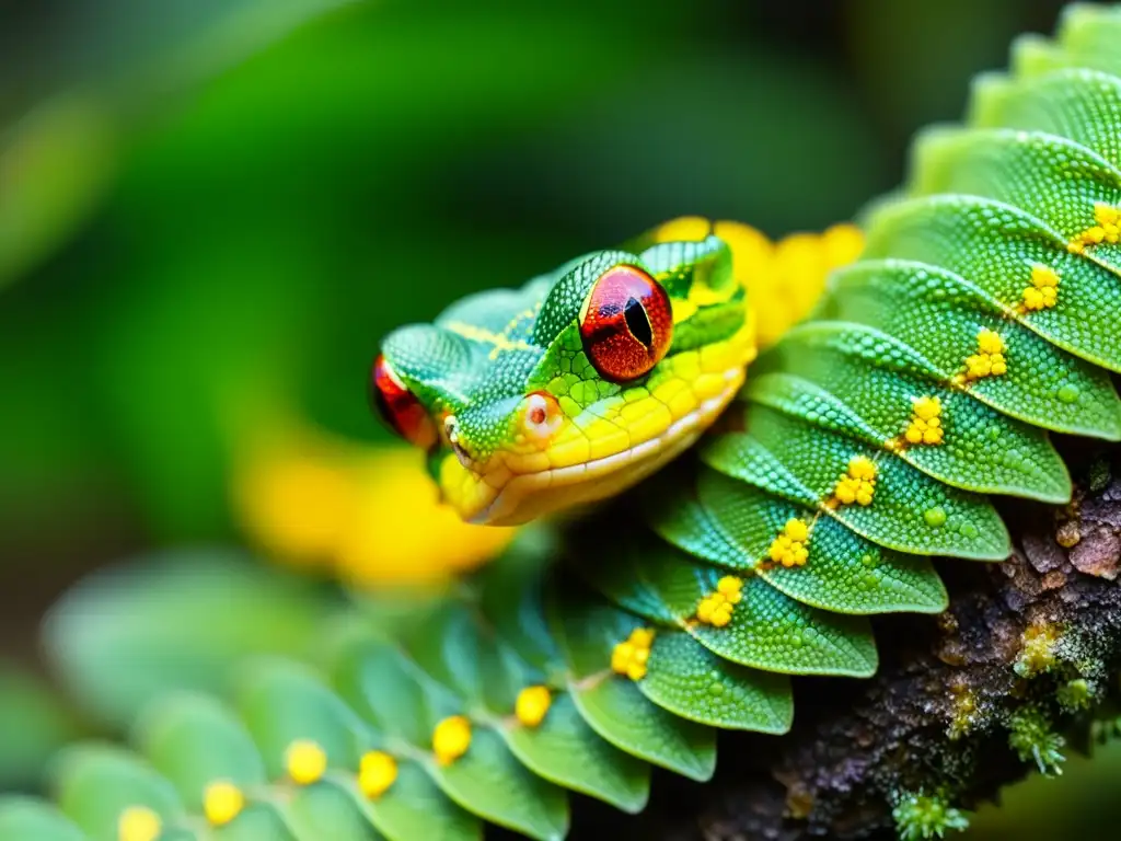 Imagen detallada de una serpiente venenosa verde en rama cubierta de musgo, parte de la diversidad de reptiles venenosos menos conocidos