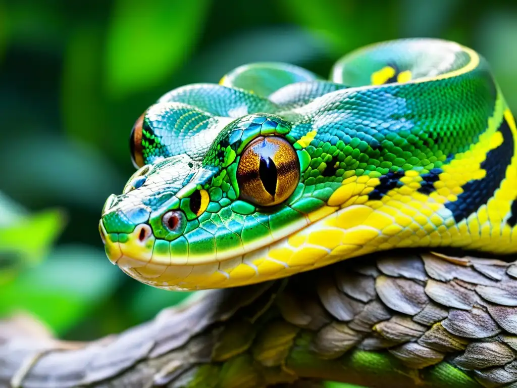 Imagen detallada de una serpiente pitón verde en simbiosis con su entorno selvático, destacando la vibrante piel y la intensa mirada del reptil