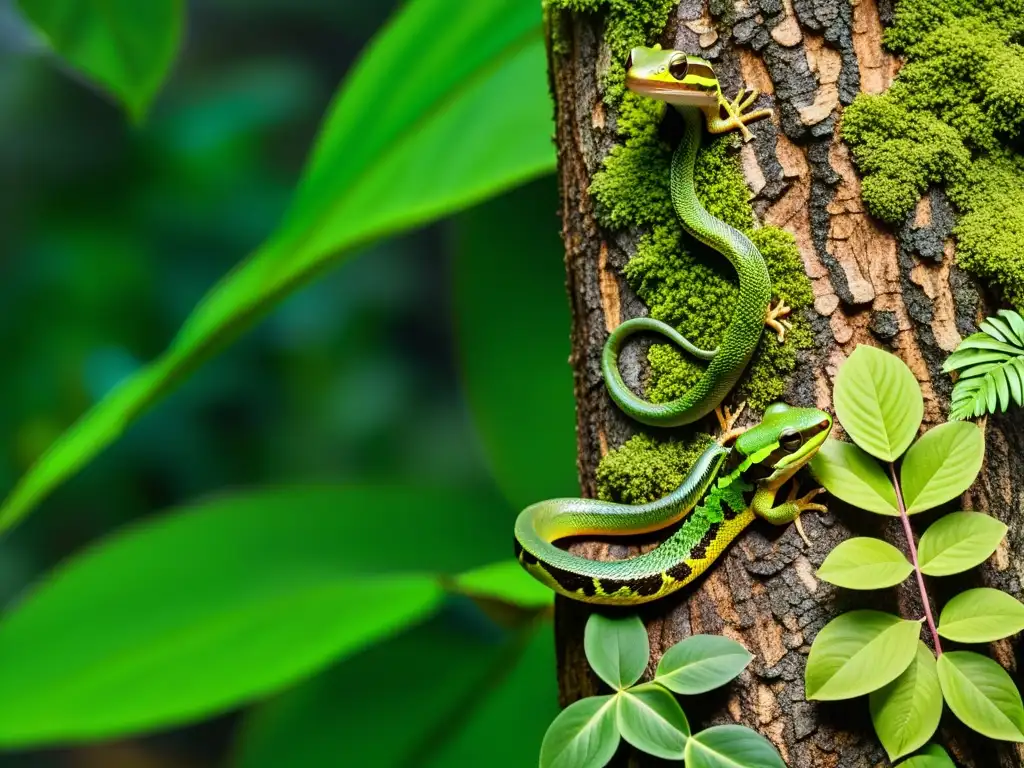 Imagen detallada del suelo de la selva tropical con reptiles camuflados, destacando estrategias de supervivencia en reptiles