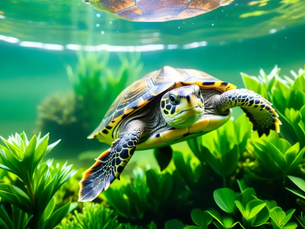 Imagen detallada de una tortuga de agua nadando entre plantas acuáticas