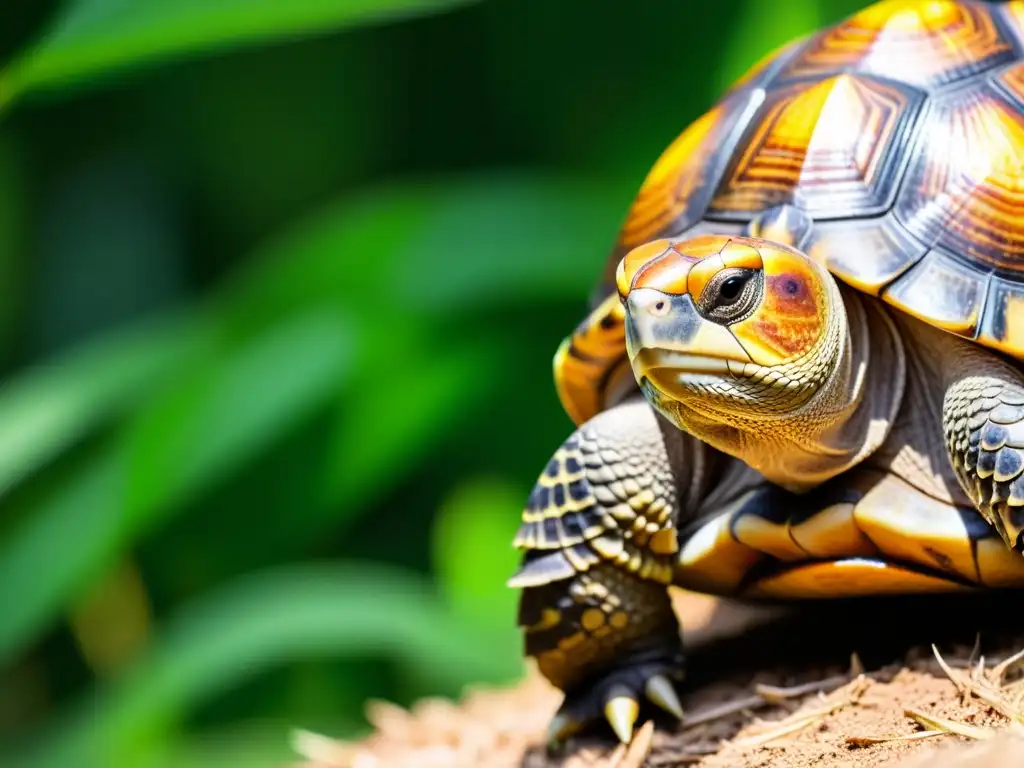 Imagen detallada de una tortuga arada en su hábitat natural, rodeada de exuberante vegetación