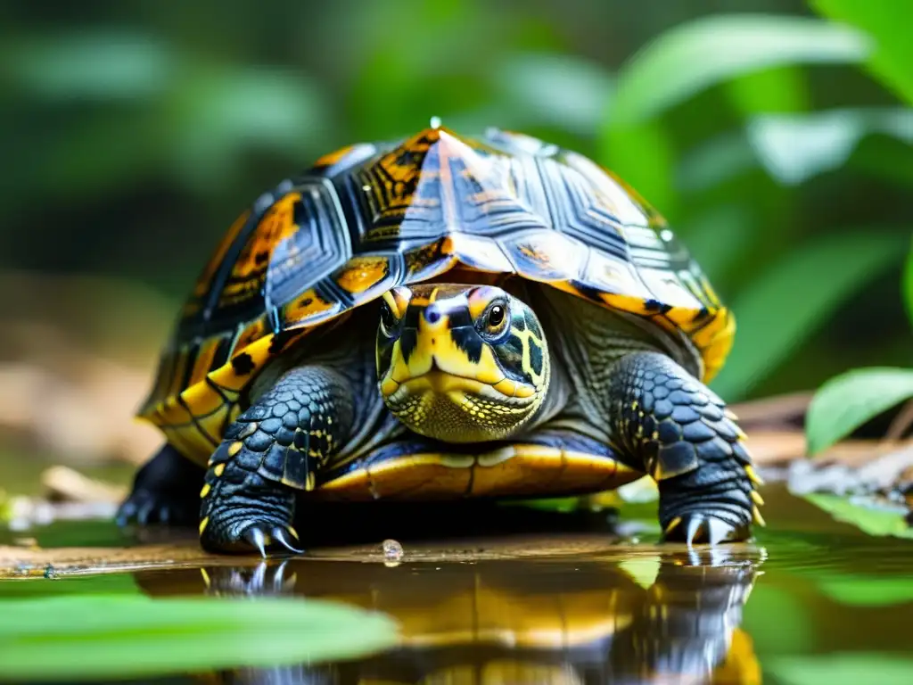 Una imagen detallada de una tortuga de bosque de Arakan emergiendo de un arroyo en su hábitat natural