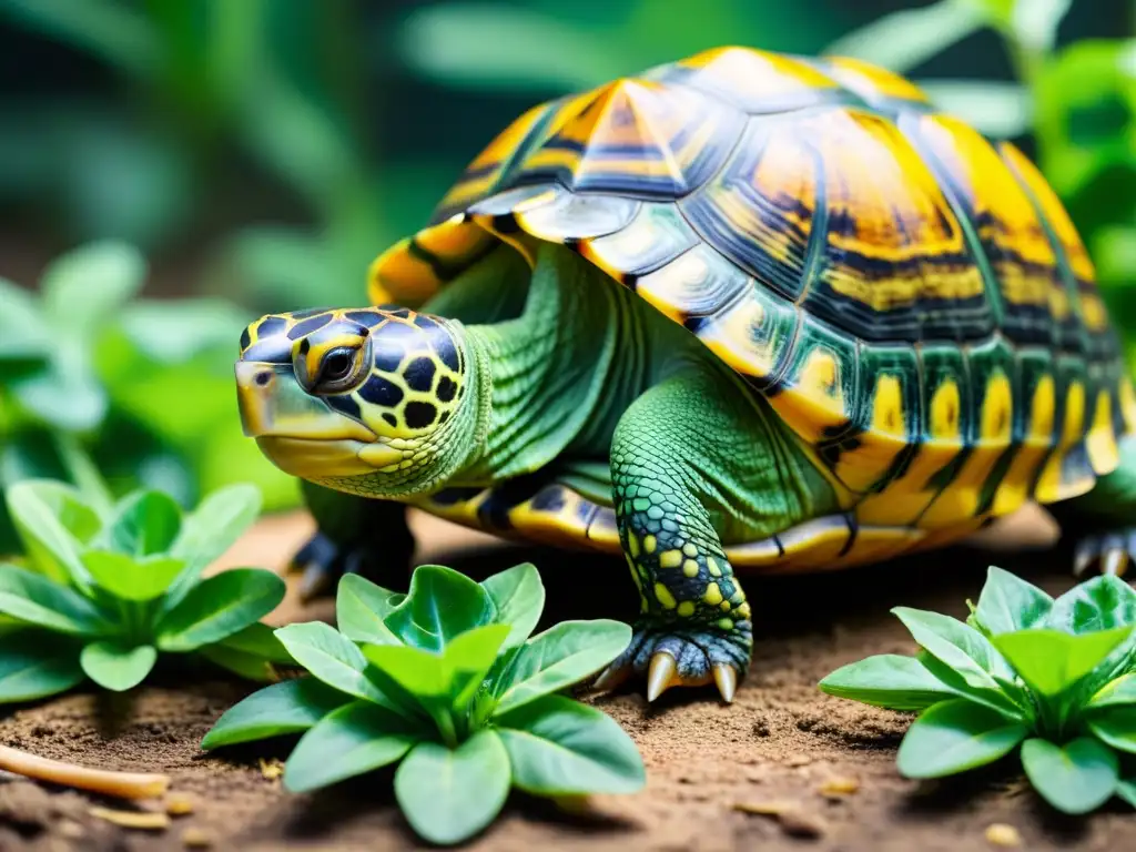 Imagen detallada de una tortuga doméstica verde y amarilla, disfrutando de una dieta adecuada para tortugas domésticas con hojas frescas y coloridas