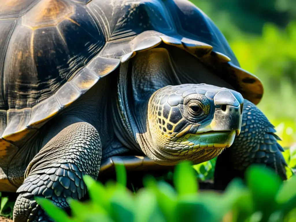 Una imagen detallada de una tortuga gigante de Galápagos en su hábitat natural, destacando la necesidad de conservación de tortugas gigantes en Galápagos