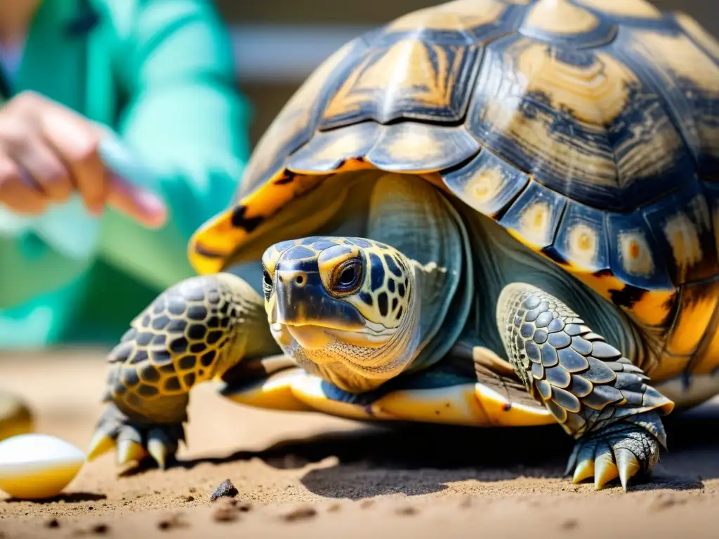 Imagen detallada de tortuga con síntomas de insuficiencia renal, examinada por veterinario