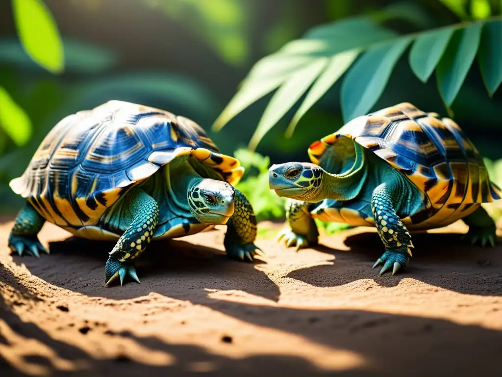 Intensa comunicación entre tortugas en su hábitat natural Imagen detallada de tortugas en su hábitat natural, comunicándose en un entorno sereno y natural