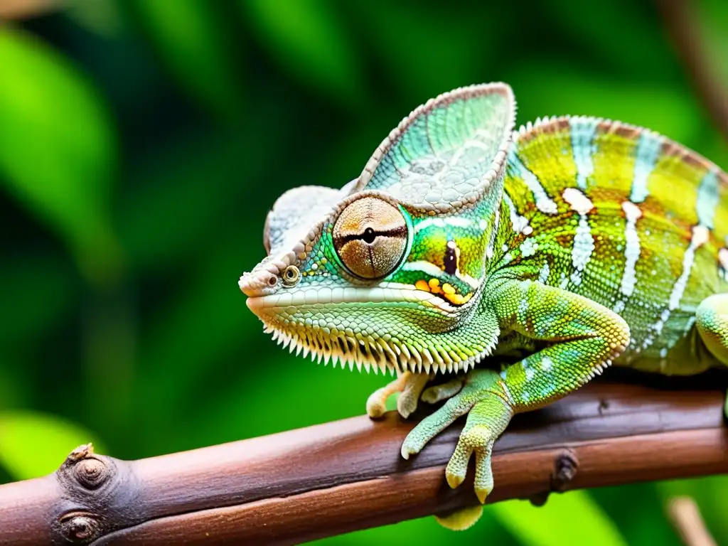 Imagen detallada de un camaleón velado mostrando su capacidad de cambio de color, en su hábitat natural