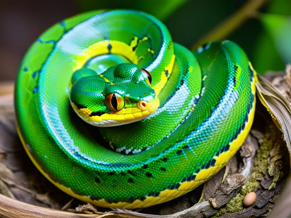 Imagen detallada de una pitón verde femenina cuidando su nido de huevos, mostrando su patrón y coloración vibrante