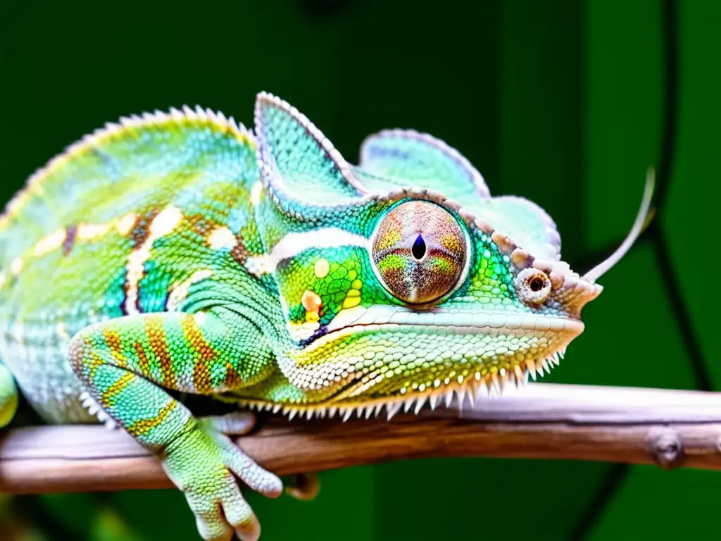 Una imagen detallada de un camaleón verde vibrante en una rama, con patrones intrincados y una mirada cautivadora