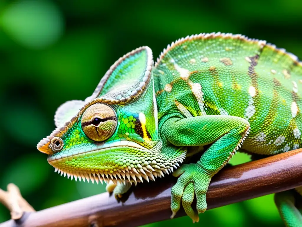 Una imagen detallada de un camaleón verde vibrante en su hábitat natural