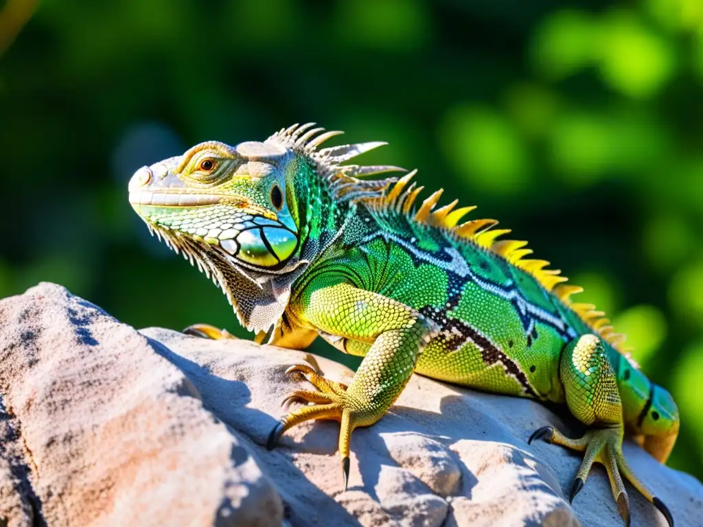 Imagen detallada de una vibrante iguana verde en su hábitat natural, destacando la tenencia de reptiles en zonas protegidas