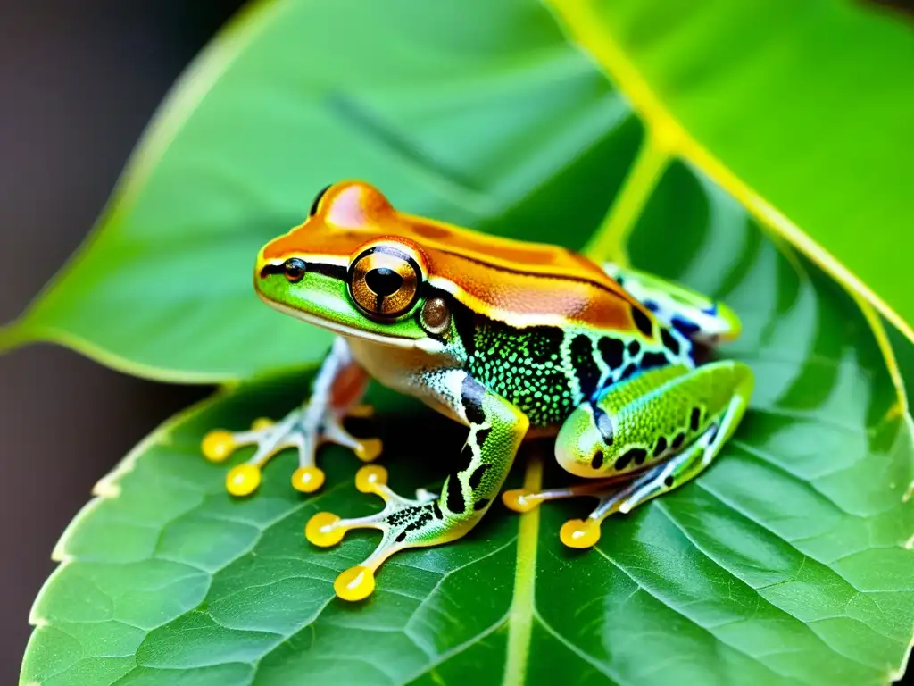 Una imagen detallada de una vibrante rana arborícola en su hábitat natural, capturando la esencia del mundo reptil