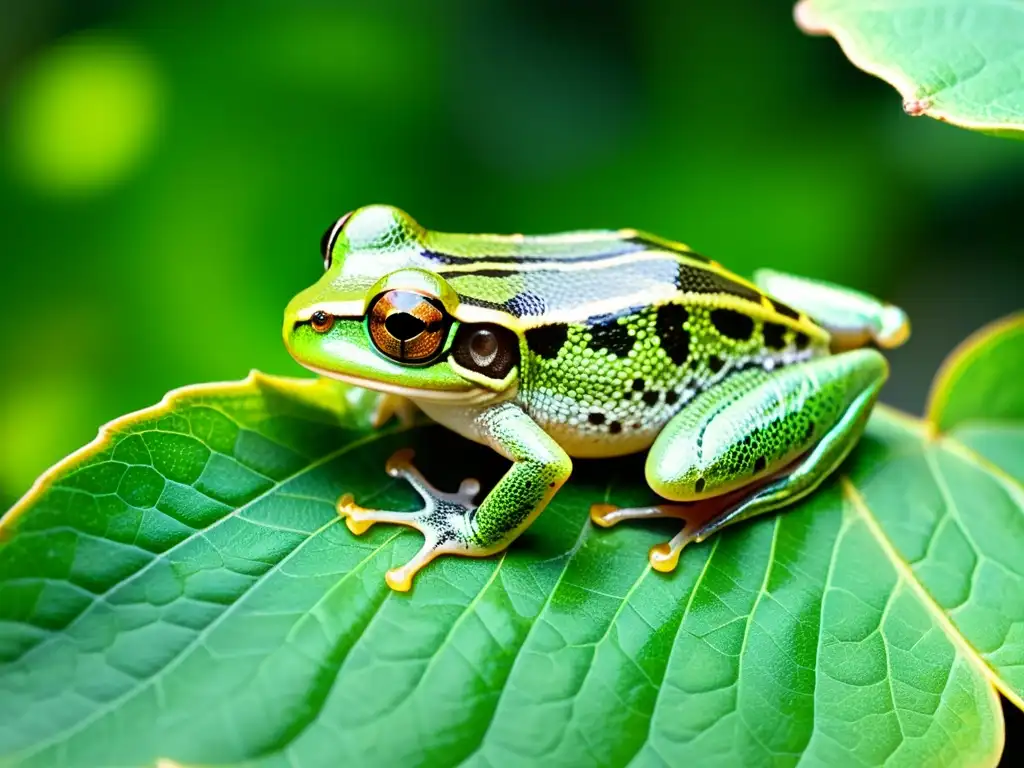 La imagen muestra el detallado canal auditivo de un reptil con una rana verde en una hoja