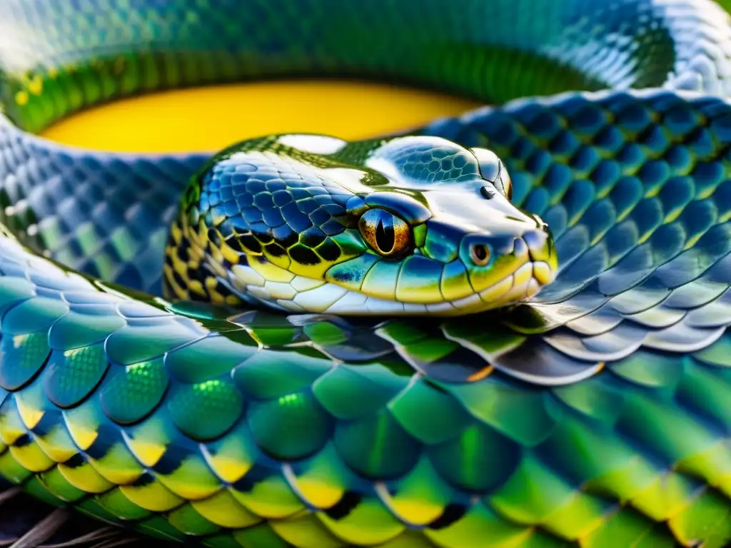 La imagen muestra los detallados patrones y texturas de las escamas de una anaconda verde, junto con su hipnótica mirada