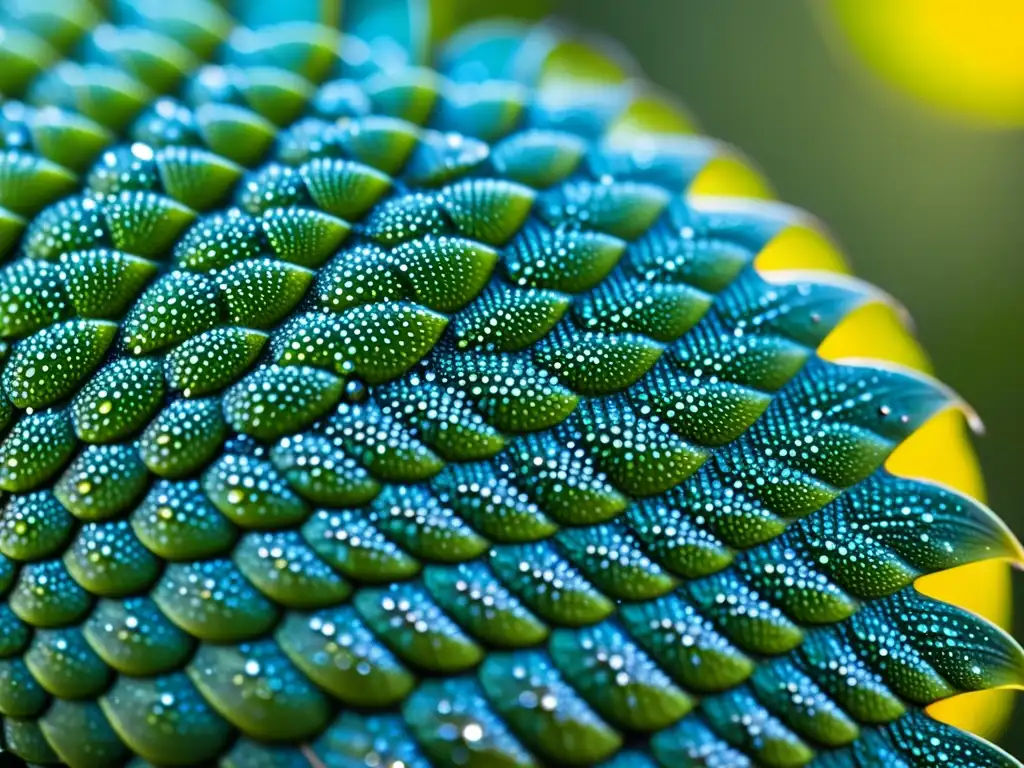 La imagen muestra en detalle las escamas de un reptil cubiertas de gotas de agua, resaltando los beneficios de la hidratación en reptiles