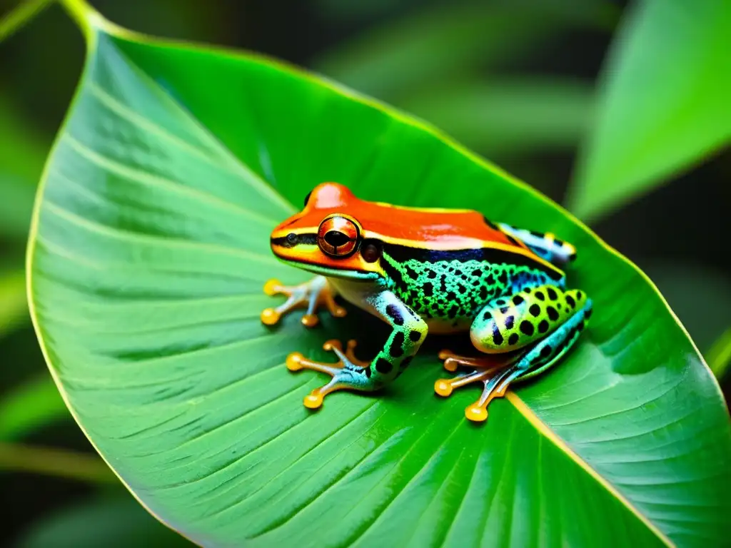 Una imagen documental en alta resolución de una colorida rana exótica sobre una hoja en una selva tropical