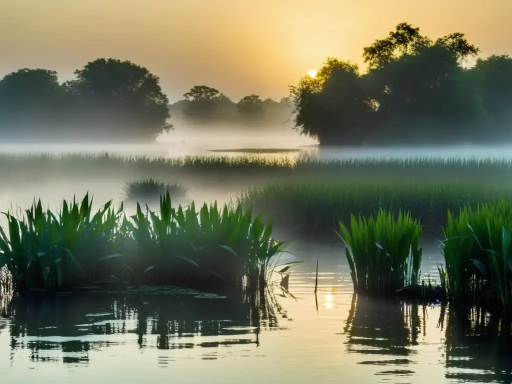 Imagen documental de alta resolución de un exuberante pantano verde al amanecer, con neblina sobre el agua y el canto de anfibios en las cañas