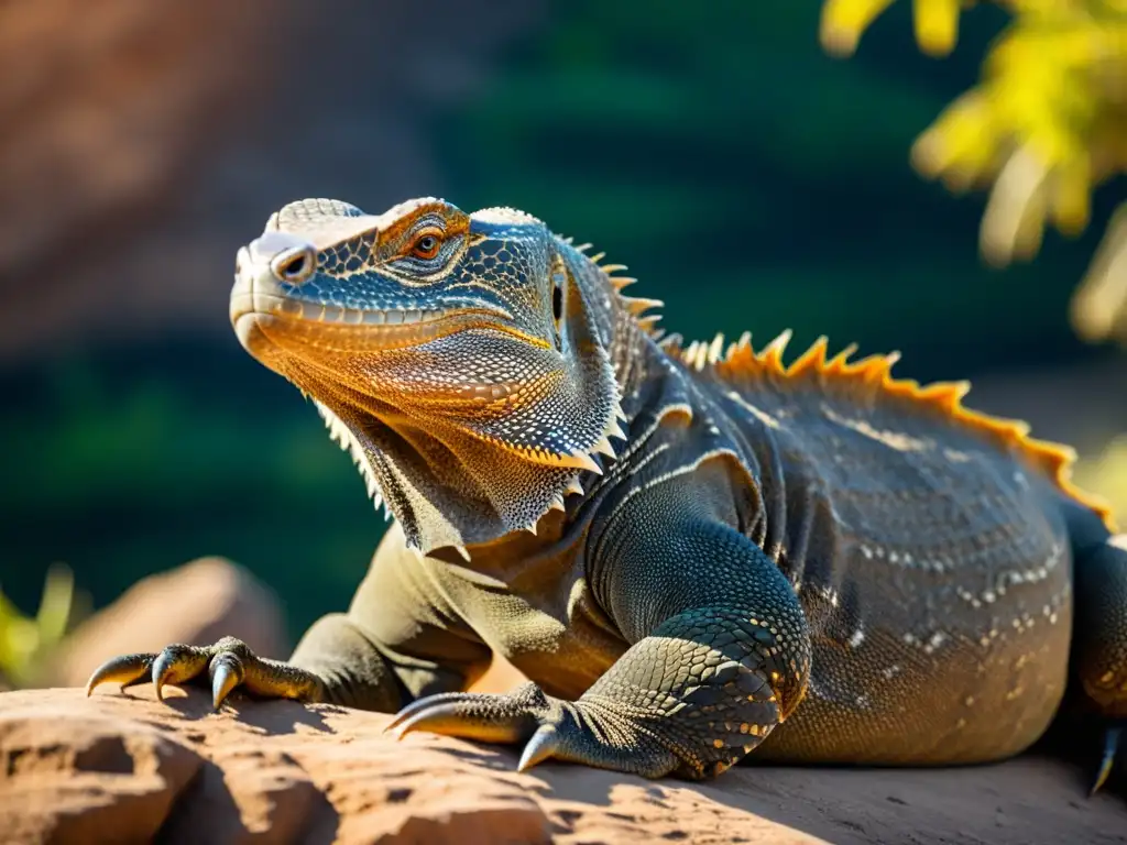 Imagen de un dragón de Komodo tomando el sol, con escamas prehistóricas relucientes y mirada intensa