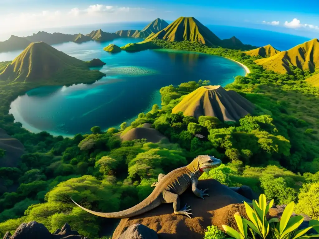 Imagen de la conservación de los dragones de Komodo en su hábitat natural, con dragones majestuosos y exuberante flora tropical