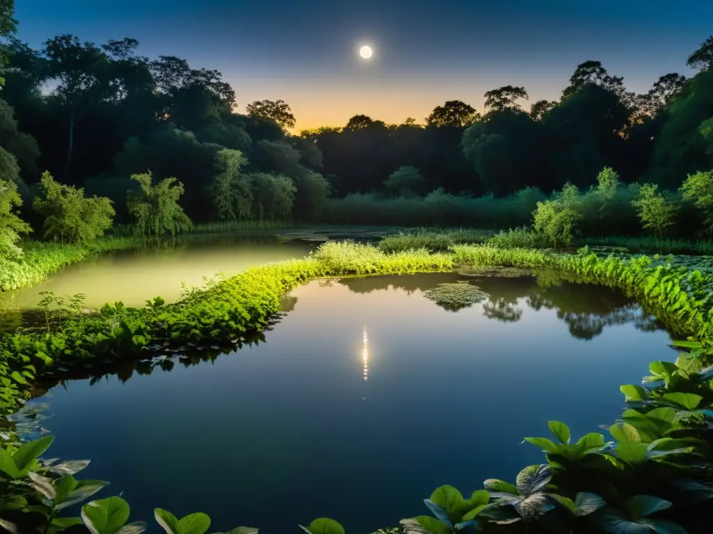 Imagen de un estanque tranquilo iluminado por la suave luz de la luna, rodeado de vegetación densa