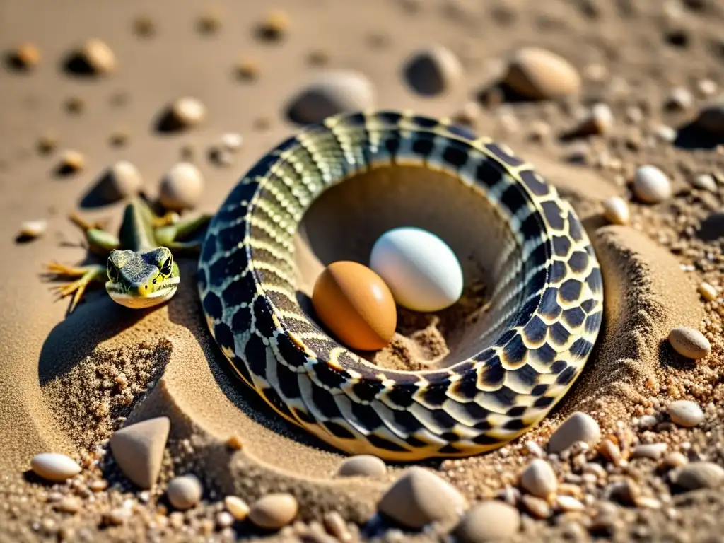 Imagen de estrategias reproductivas en reptiles: hembra poniendo huevos en nido y macho vigilando, con escamas detalladas y entorno natural capturados