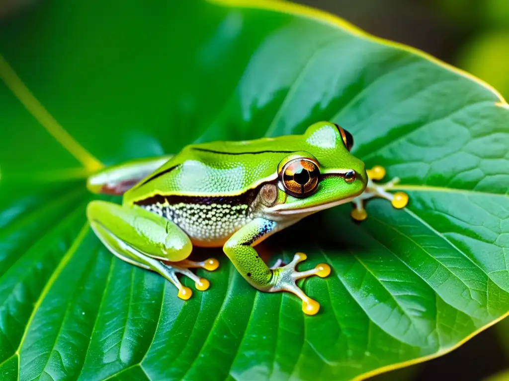 Imagen de un exótico ágil sapo verde en su hábitat natural de la selva tropical, dispersión rápida ranas sapos exóticos