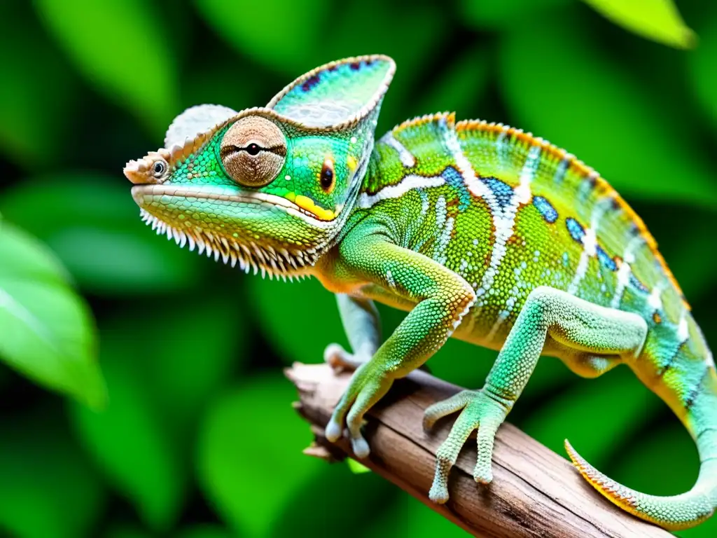 Imagen de un camaleón exótico en su hábitat natural de la selva tropical, mostrando su camuflaje y la belleza de sus colores