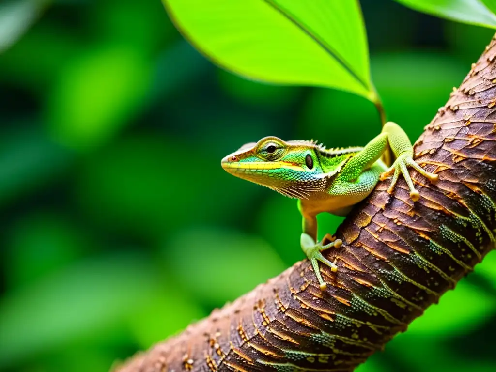 Imagen de un exuberante bosque lluvioso con un detallado lagarto verde mimetizándose