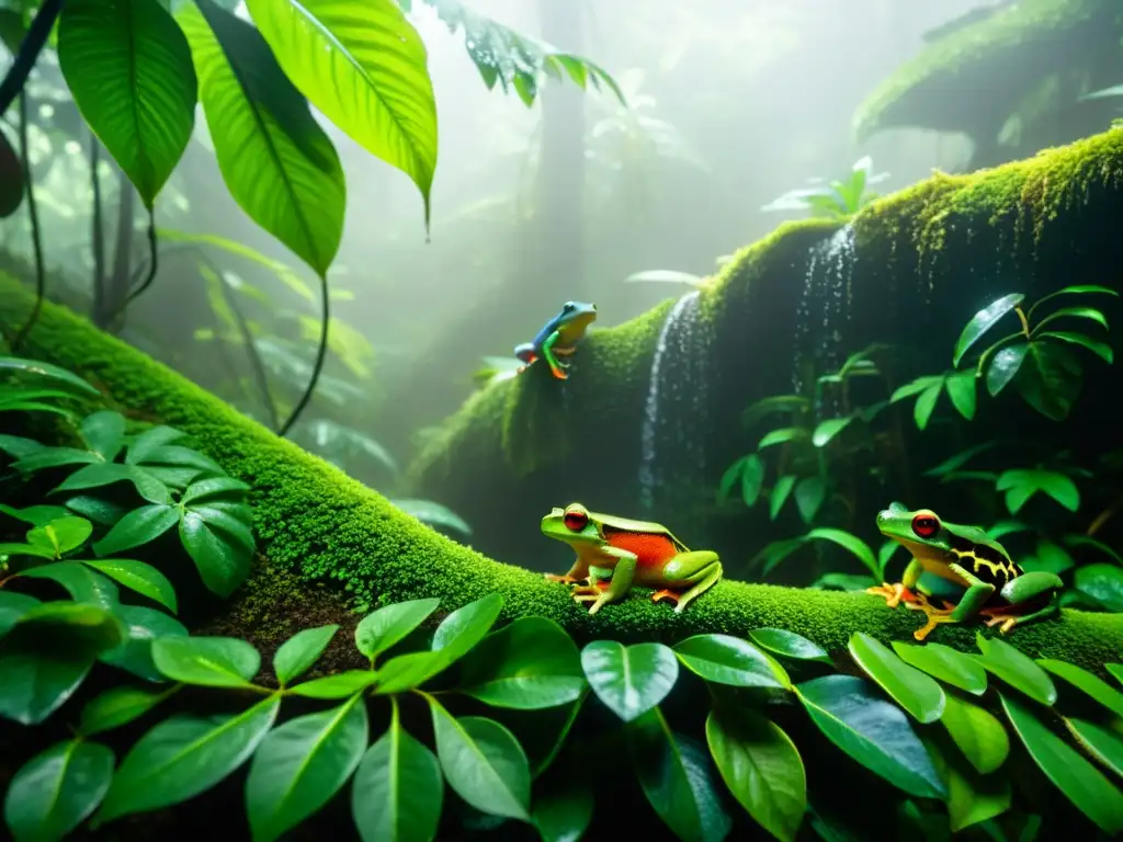 Imagen de un exuberante bosque lluvioso con anfibios coloridos en hojas y ramas