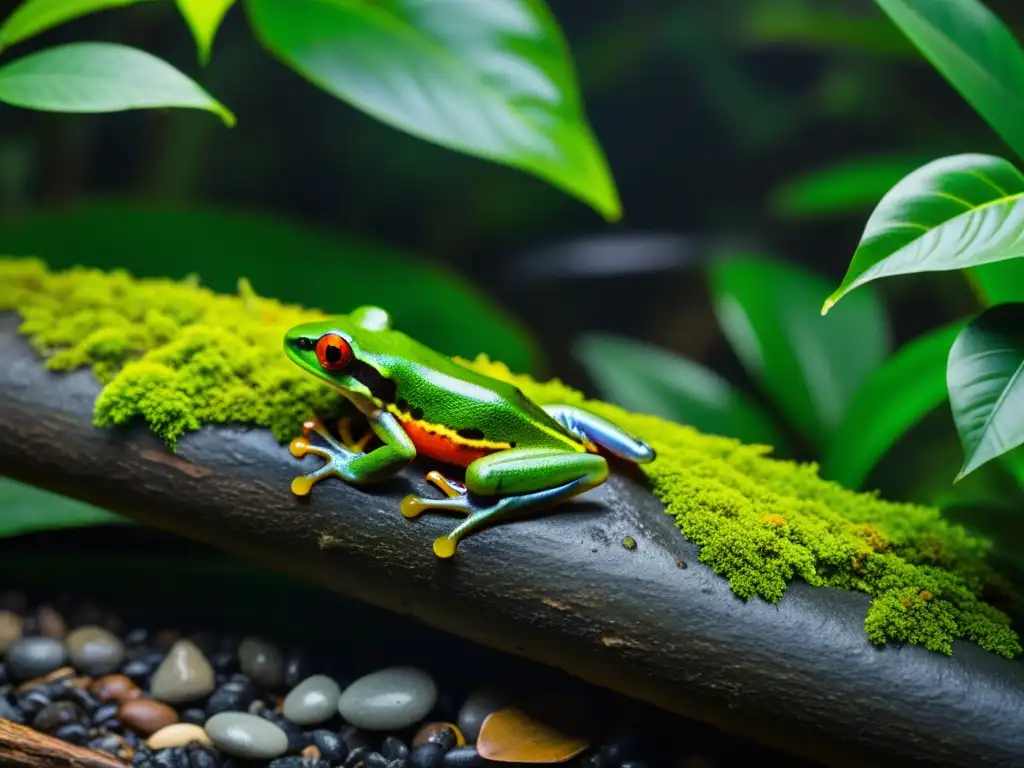 Imagen de un exuberante bosque tropical con un arroyo cristalino, destacando la importancia de los anfibios en biodiversidad