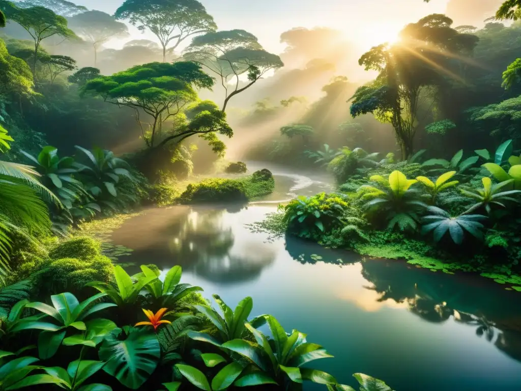 Imagen de un exuberante bosque tropical al amanecer, con un denso dosel de árboles y una diversidad de anfibios