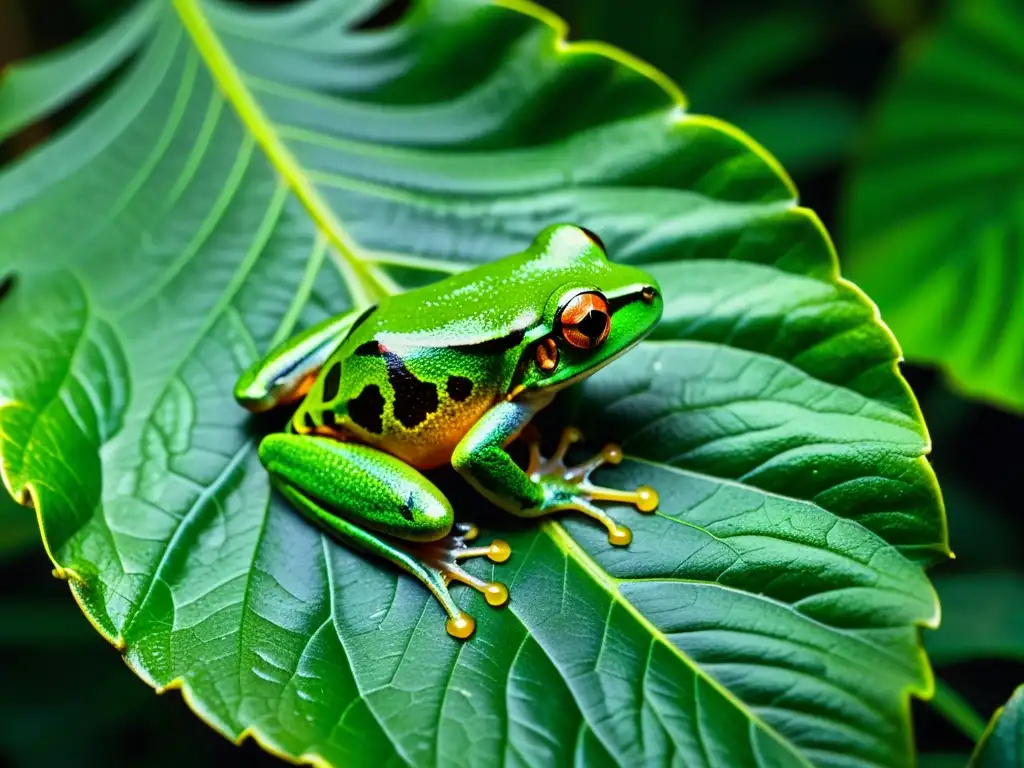 Imagen de un exuberante bosque tropical cubierto de niebla, con una rana de colores brillantes en una hoja