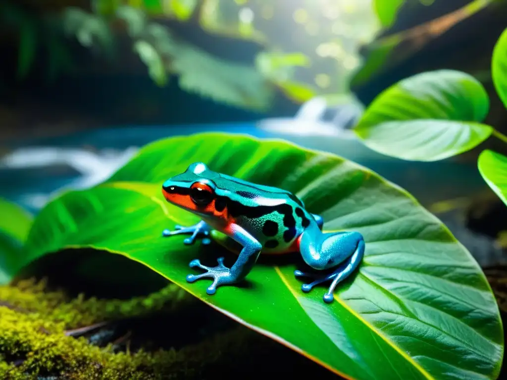 Imagen de un exuberante bosque tropical con anfibios coloridos