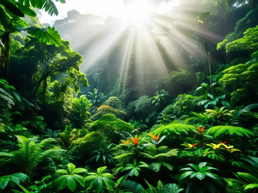 Imagen de un exuberante y diverso bosque tropical, con vida silvestre en armonía