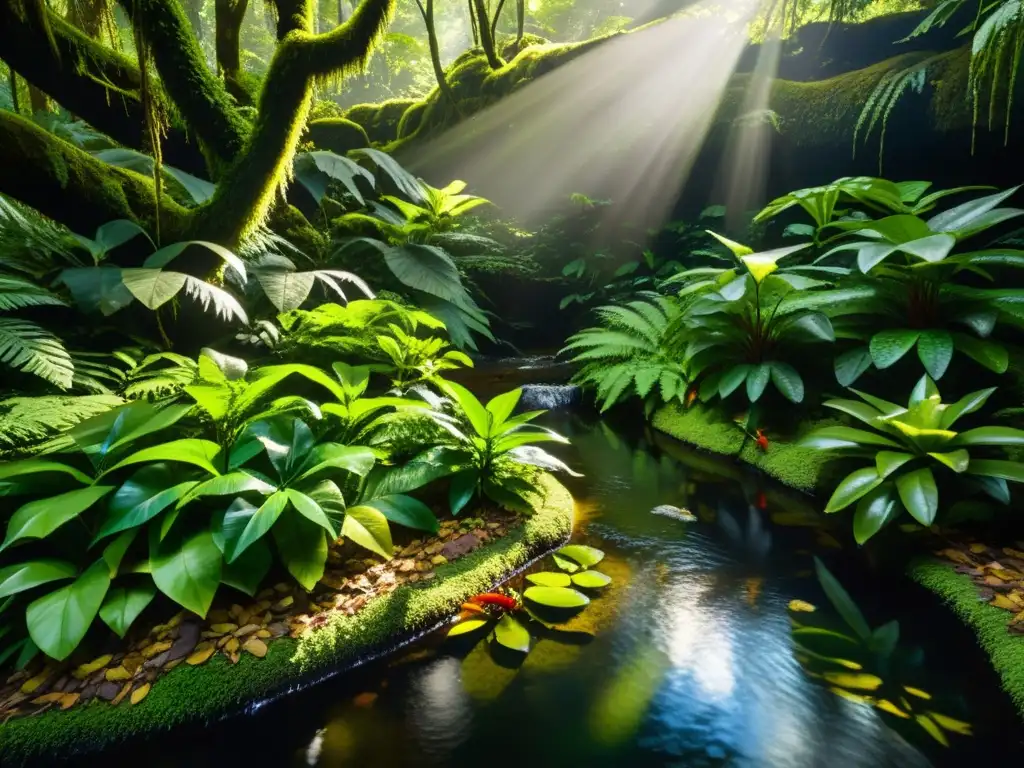 Imagen de un exuberante hábitat de selva con un arroyo, anfibios y un entorno enriquecido para anfibios en cautiverio