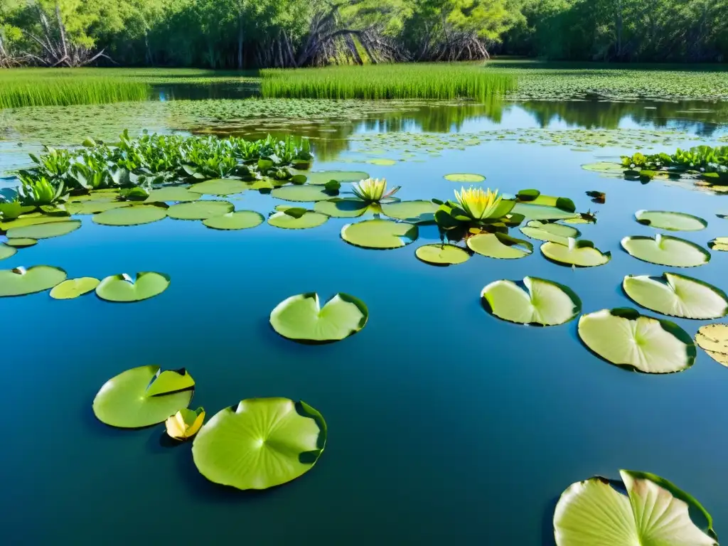 Imagen de un exuberante humedal con lirios verdes, fauna diversa y anfibios coloridos, ideal para prevenir enfermedades en la cría de anfibios