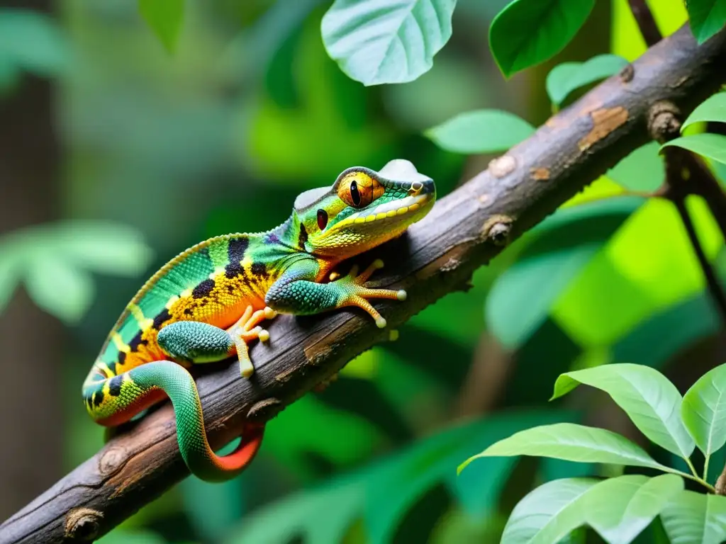 Imagen de alta resolución de una exuberante selva con reptiles camuflados